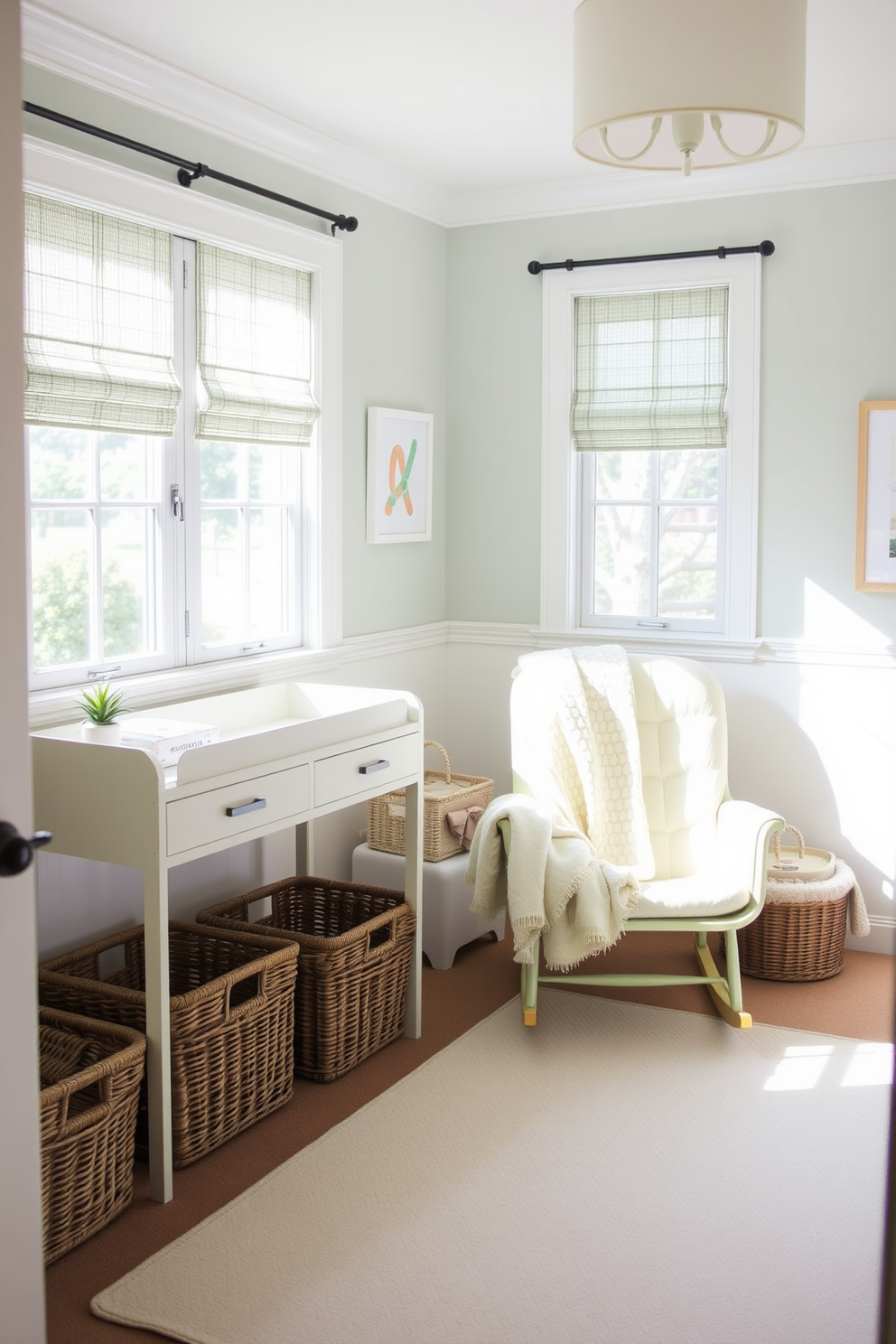 A serene nursery filled with natural light. The room features soft pastel colors with a focus on mint green and pale yellow accents. Wicker baskets are used as stylish storage solutions, neatly placed in the corners and under the changing table. A cozy rocking chair sits in one corner, adorned with a plush throw blanket for added comfort.