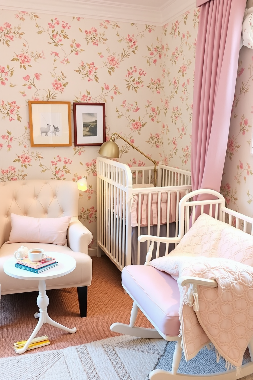 A bright and airy spring nursery filled with soft pastel colors. Large windows allow natural light to flood the room, highlighting the gentle hues of mint green and blush pink on the walls. In one corner, a cozy rocking chair is surrounded by potted plants, creating a calming oasis. The plants vary in height and texture, adding a touch of nature to the nursery's playful decor.