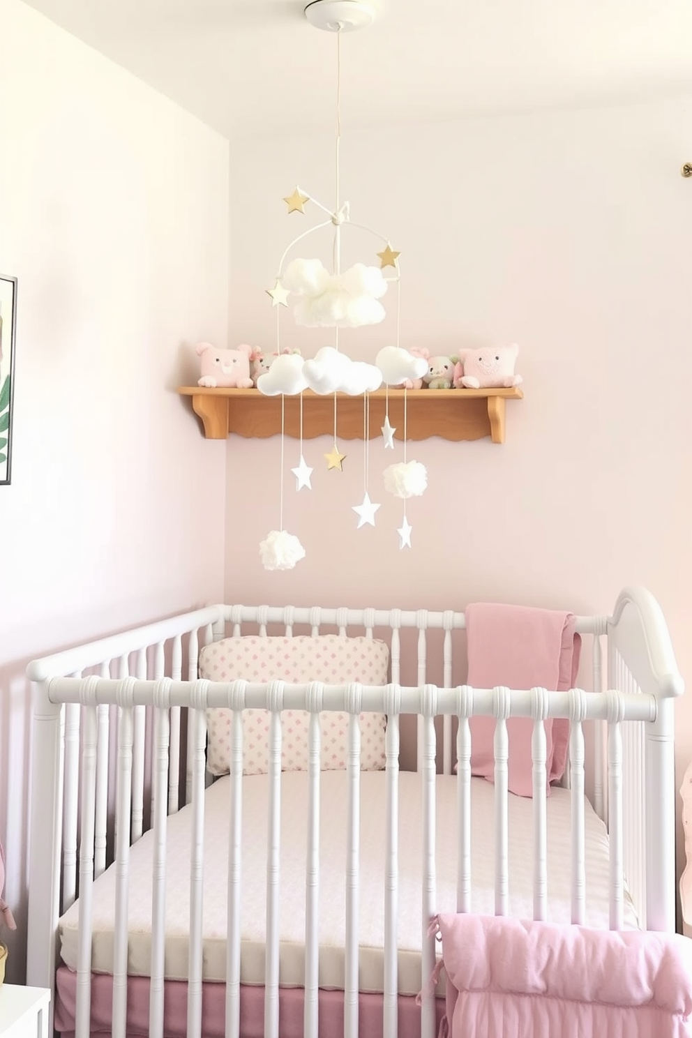 A charming nursery filled with soft pastel colors. The crib is adorned with a whimsical mobile featuring delicate clouds and stars gently swaying above.