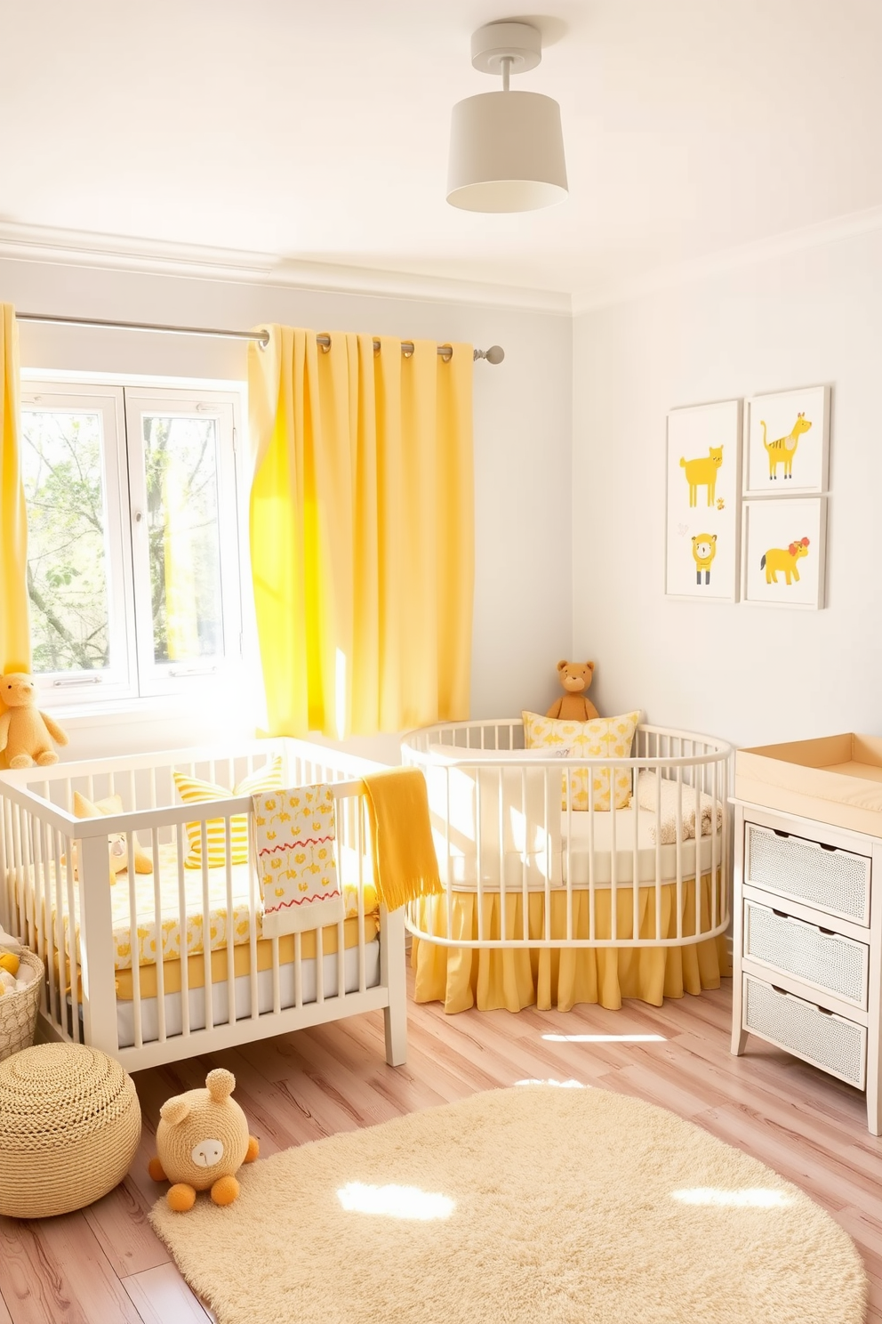 A bright and cheerful nursery filled with spring vibes. The walls are painted in soft white, adorned with playful yellow accents in the form of cushions and artwork. A cozy crib is positioned in the corner, draped with a light yellow canopy. Colorful rugs and toys scatter across the floor, inviting play and creativity.