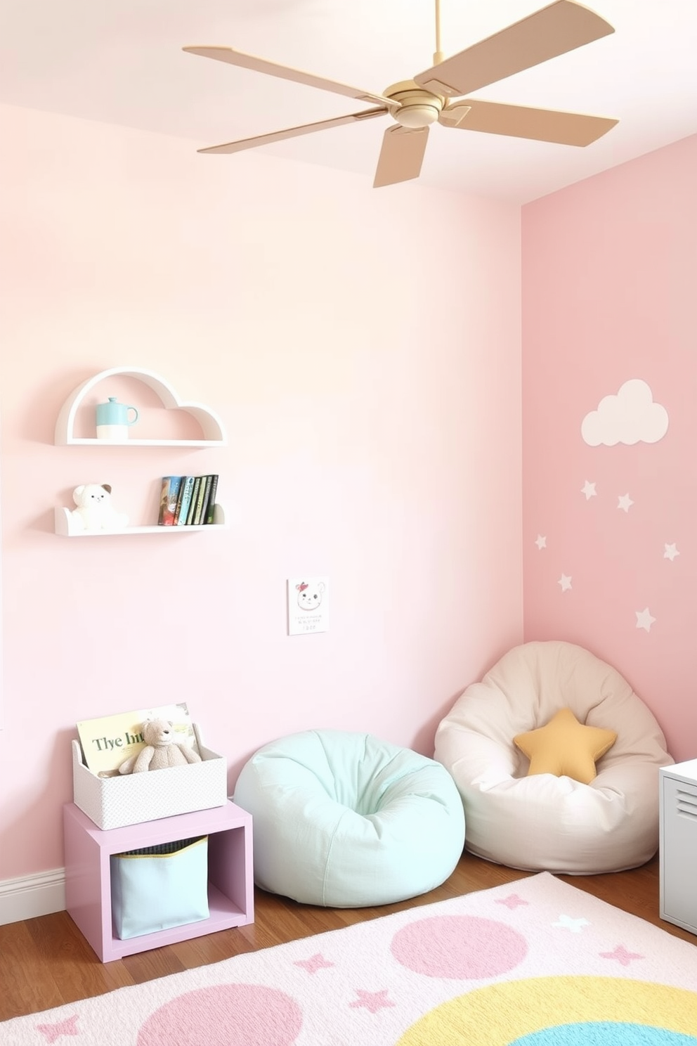 Bright pastel colors adorn the walls, creating a cheerful and inviting atmosphere. Soft pinks, blues, and yellows blend harmoniously, making the space feel playful and light. The playroom features whimsical decor elements such as cloud-shaped shelves and playful animal cushions. A cozy reading nook with a pastel-colored bean bag sits in one corner, inviting children to relax and enjoy their favorite books.