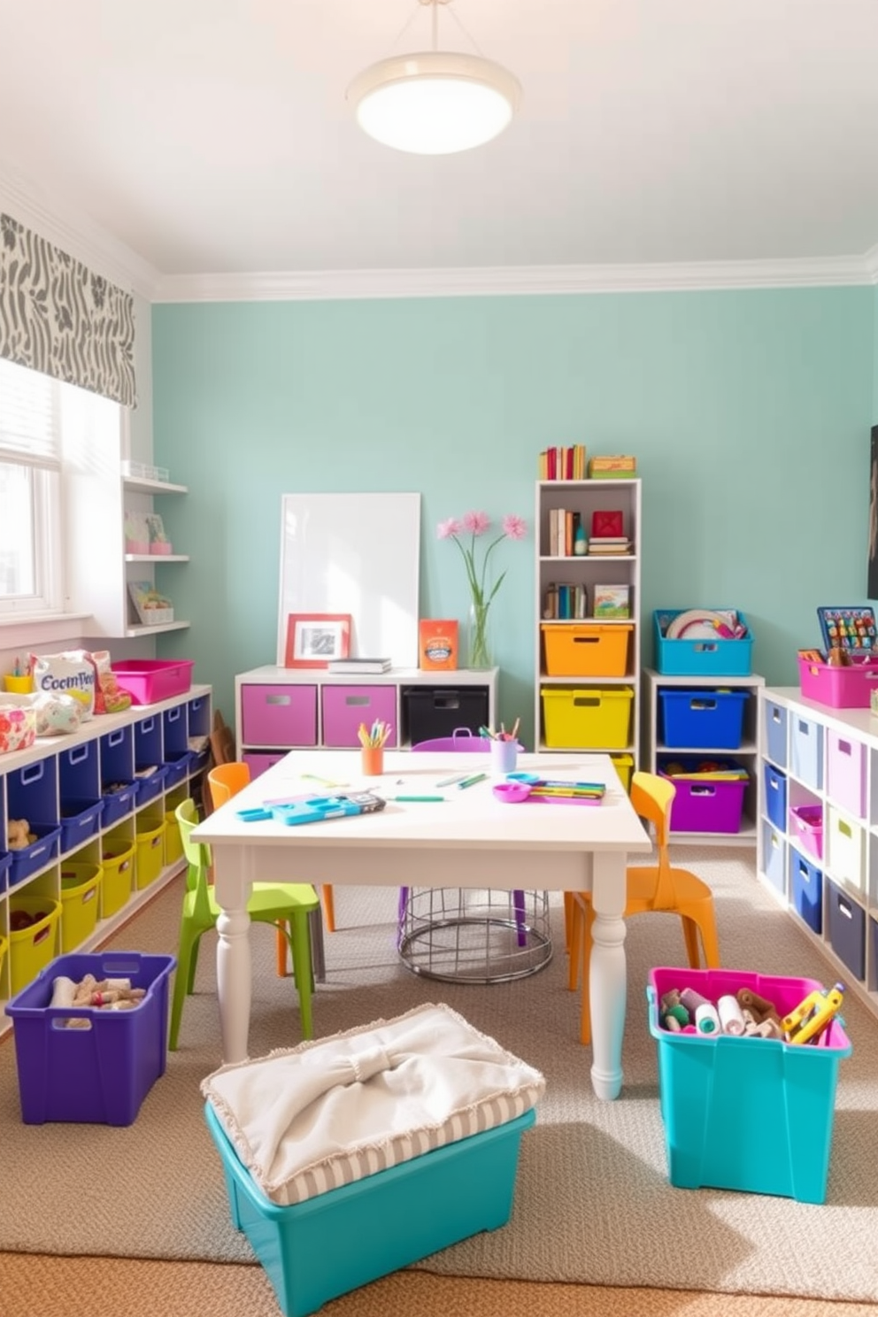 A vibrant playroom designed for springtime fun. The craft table is positioned centrally, surrounded by colorful storage bins filled with art supplies and toys.