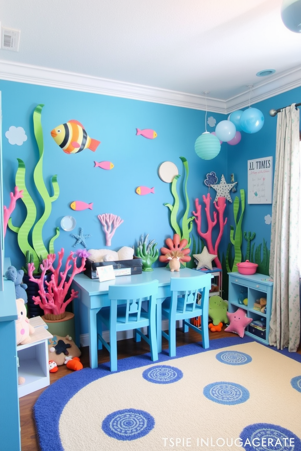 Under-the-sea themed decor elements create a whimsical and vibrant atmosphere. Incorporate shades of blue and green with accents of coral and sandy beige to mimic the ocean's beauty. Spring Playroom Decorating Ideas should focus on bright colors and playful designs. Use floral patterns and cheerful pastels to evoke a sense of freshness and joy in the space.