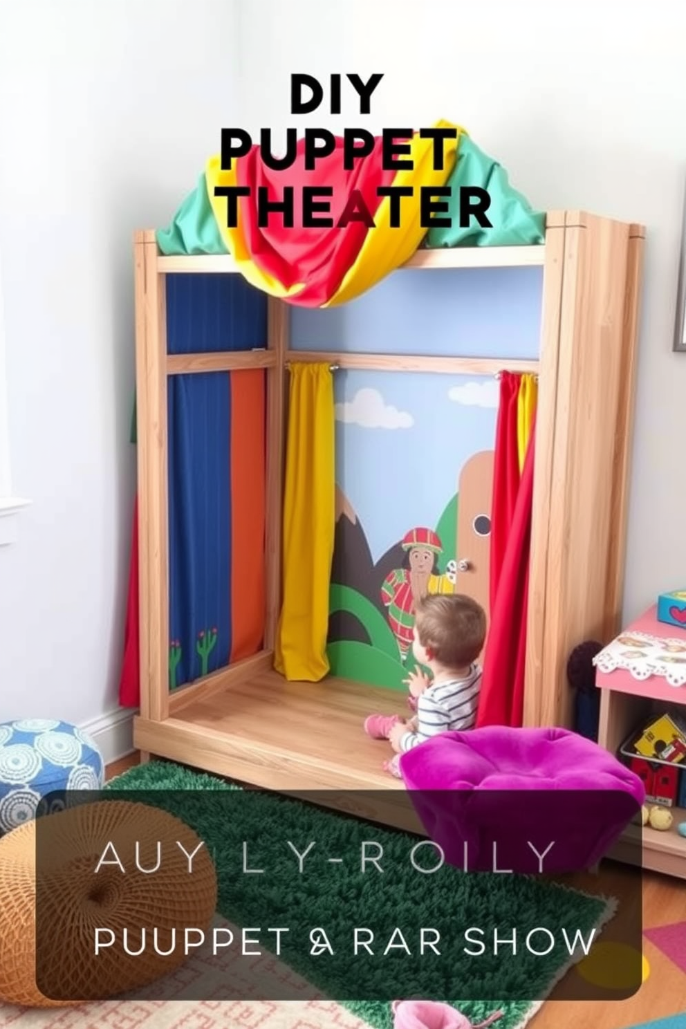 A whimsical DIY puppet theater designed for imaginative play. The theater features a colorful fabric curtain, a sturdy wooden frame, and hand-painted scenery backdrops. The playroom is decorated with vibrant colors and playful patterns. Plush seating and a soft rug create a cozy space for children to enjoy their puppet shows.