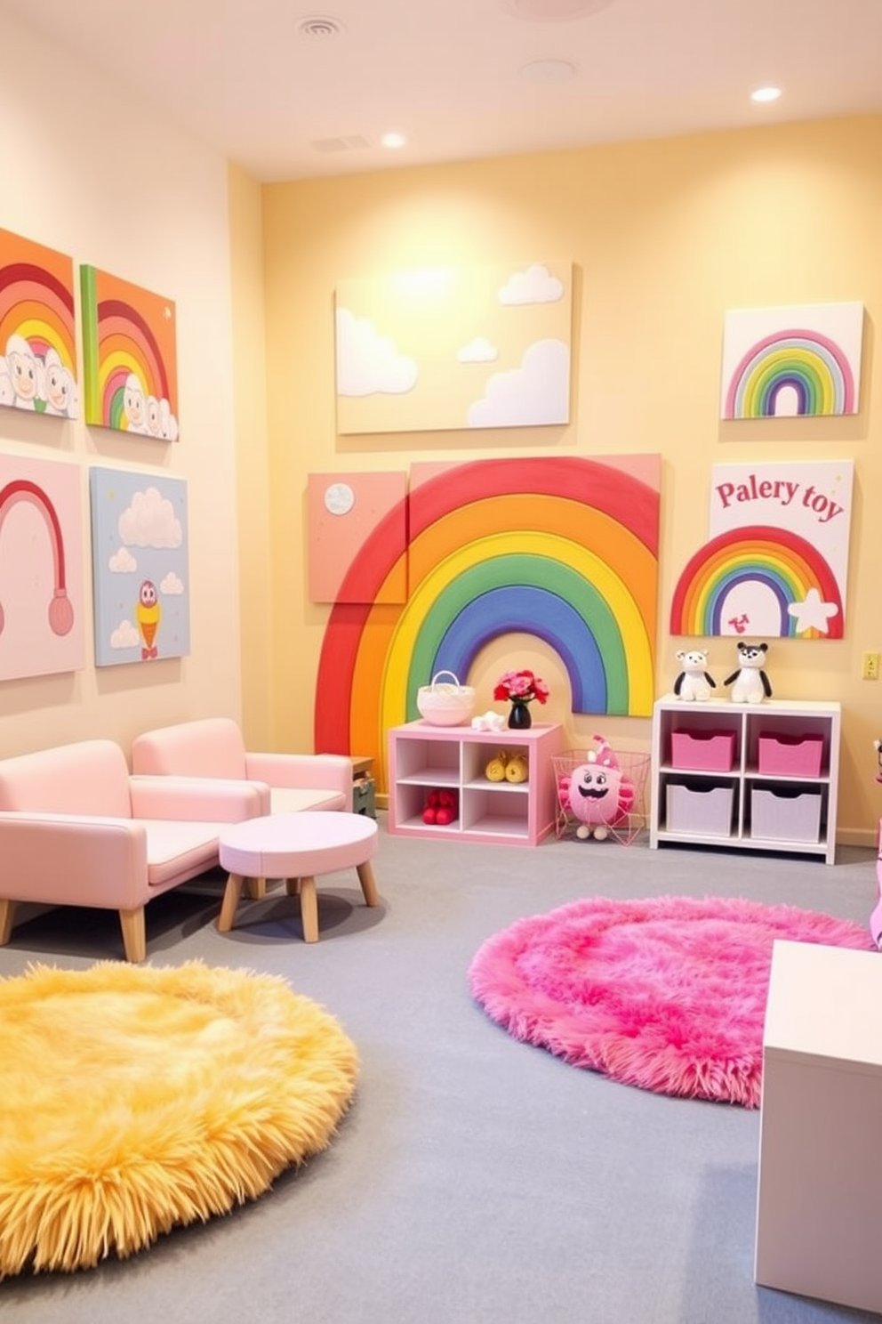 A vibrant playroom filled with rainbow-themed wall art that brings a sense of cheerfulness and joy. The walls are adorned with colorful canvases featuring playful designs, creating an uplifting atmosphere for children. Soft pastel furniture complements the lively decor, providing a comfortable space for play and creativity. Plush rugs in bright colors add warmth to the room, inviting children to sit and engage in their favorite activities.