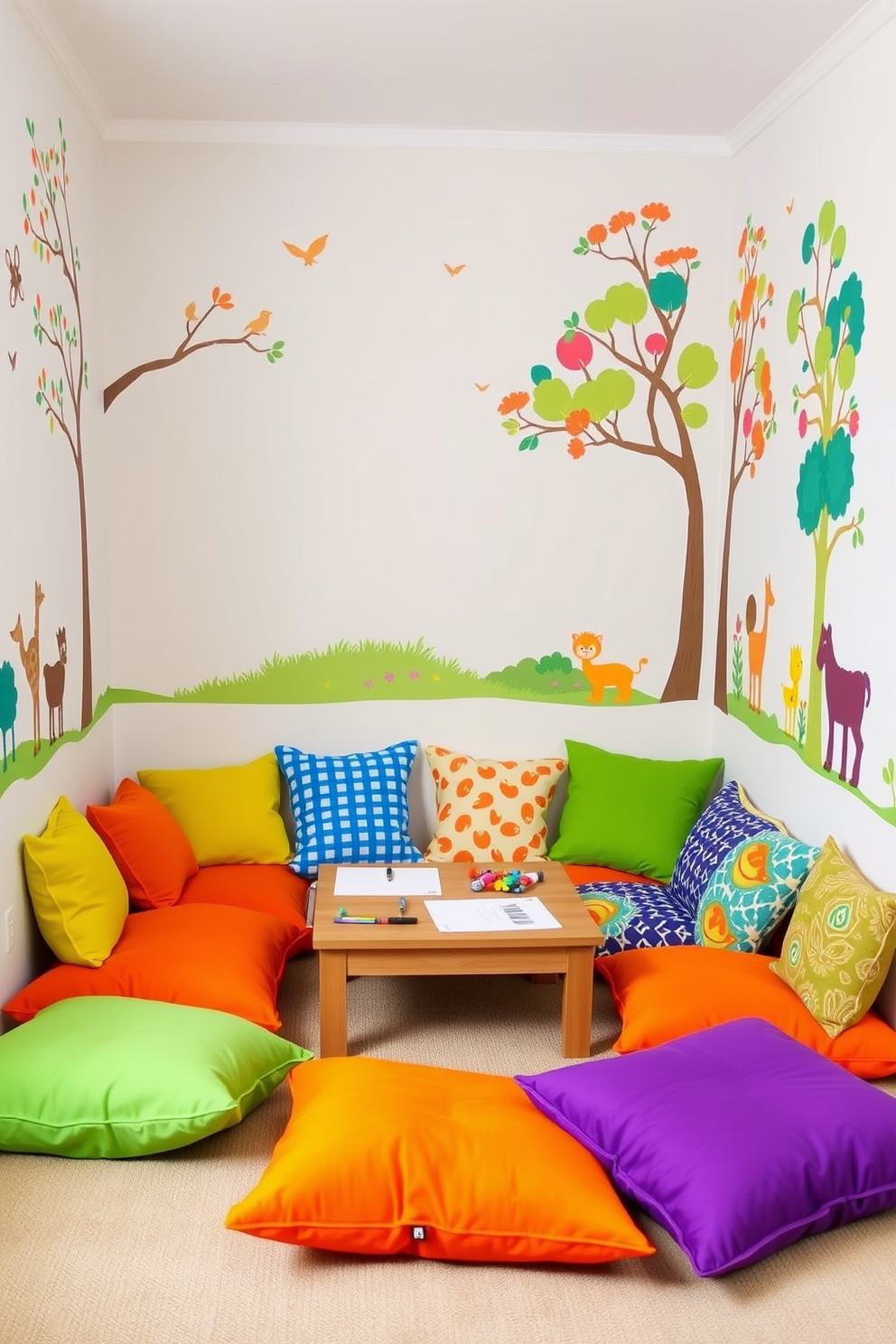 A vibrant playroom filled with animal-themed decor that sparks joy and imagination. Plush animal cushions are scattered across a colorful rug, while whimsical wall art features various jungle and safari creatures. The furniture includes a low table surrounded by chairs shaped like different animals, creating an inviting space for children to play and learn. Soft pastel colors dominate the walls, complemented by playful curtains adorned with fun animal prints.