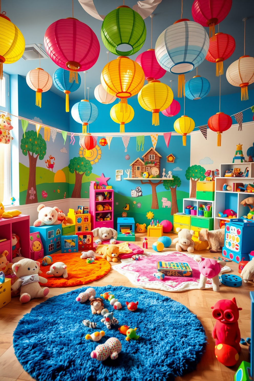 A vibrant playroom filled with playful decor and bright colors. The walls are adorned with cheerful murals, and soft rugs cover the floor for a cozy atmosphere. Hanging paper lanterns in various shapes and colors create a festive touch. A mix of plush toys and interactive games are scattered throughout the space, inviting creativity and fun.