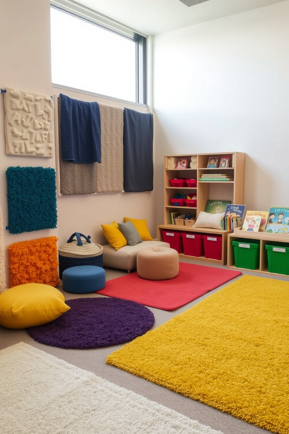 A sensory play area designed for children features a variety of textured materials to engage their senses. Soft rugs in vibrant colors cover the floor, while wall-mounted panels with different fabrics and surfaces provide tactile exploration. The playroom includes a cozy reading nook with plush cushions and a small bookshelf filled with colorful storybooks. Brightly colored bins hold various toys, and a large window allows natural light to fill the space, creating an inviting atmosphere.