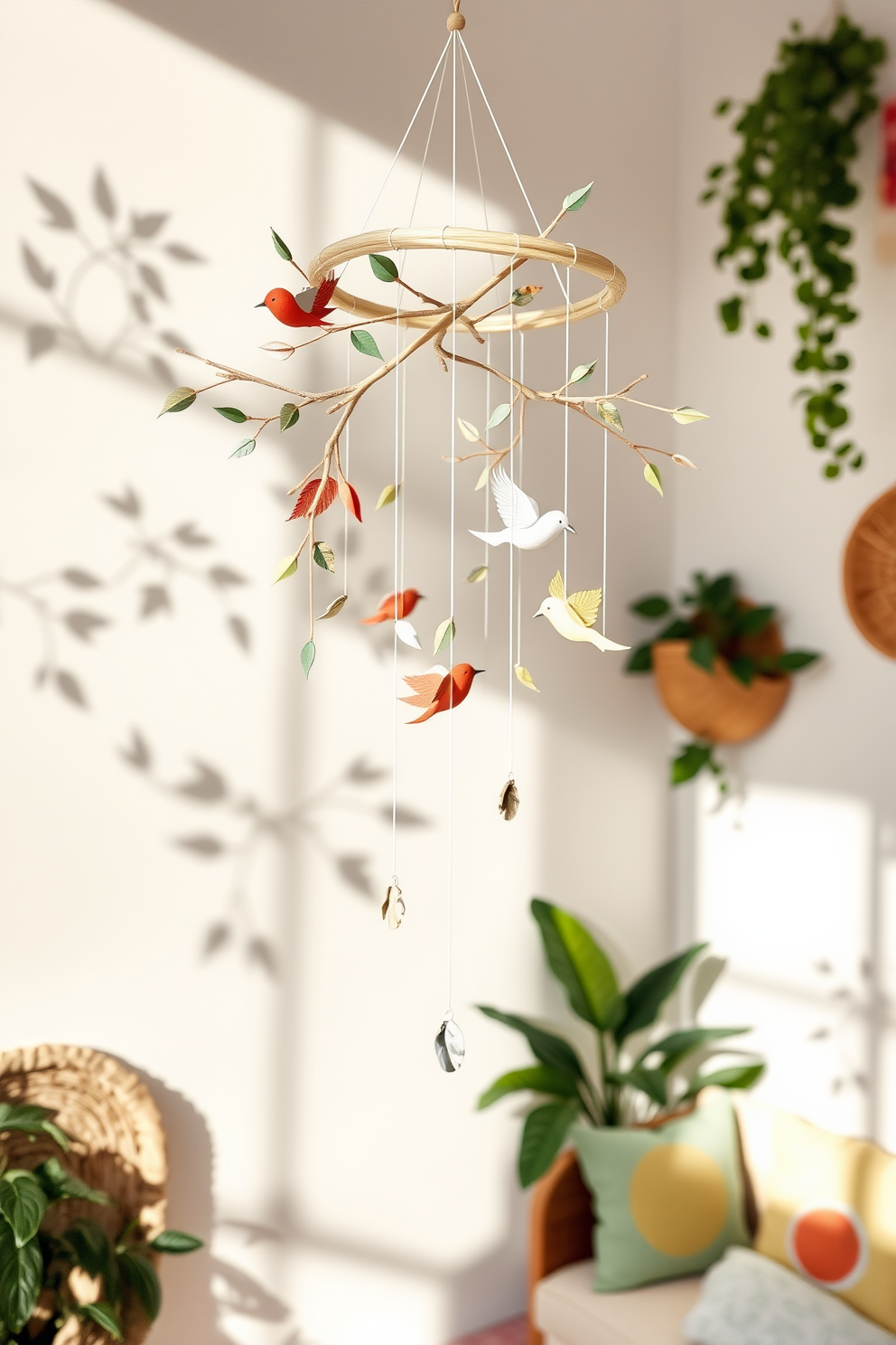 A nature-inspired mobile hangs gracefully from the ceiling, featuring delicate wooden branches adorned with colorful paper leaves and whimsical birds. The mobile sways gently, casting playful shadows on the walls, creating a serene and imaginative atmosphere for children. The playroom is decorated with soft pastel colors, incorporating natural elements like woven baskets and leafy plants. A cozy reading nook with plush cushions invites kids to explore their favorite stories in a vibrant and inviting space.