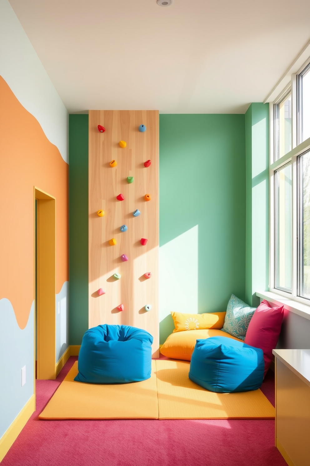 A vibrant playroom designed for active children features a mini climbing wall with colorful handholds. The walls are painted in cheerful pastel colors, and soft mats are placed underneath for safety. Brightly colored bean bags and plush cushions create a cozy reading nook in one corner. Large windows allow natural light to flood the space, enhancing the playful atmosphere.