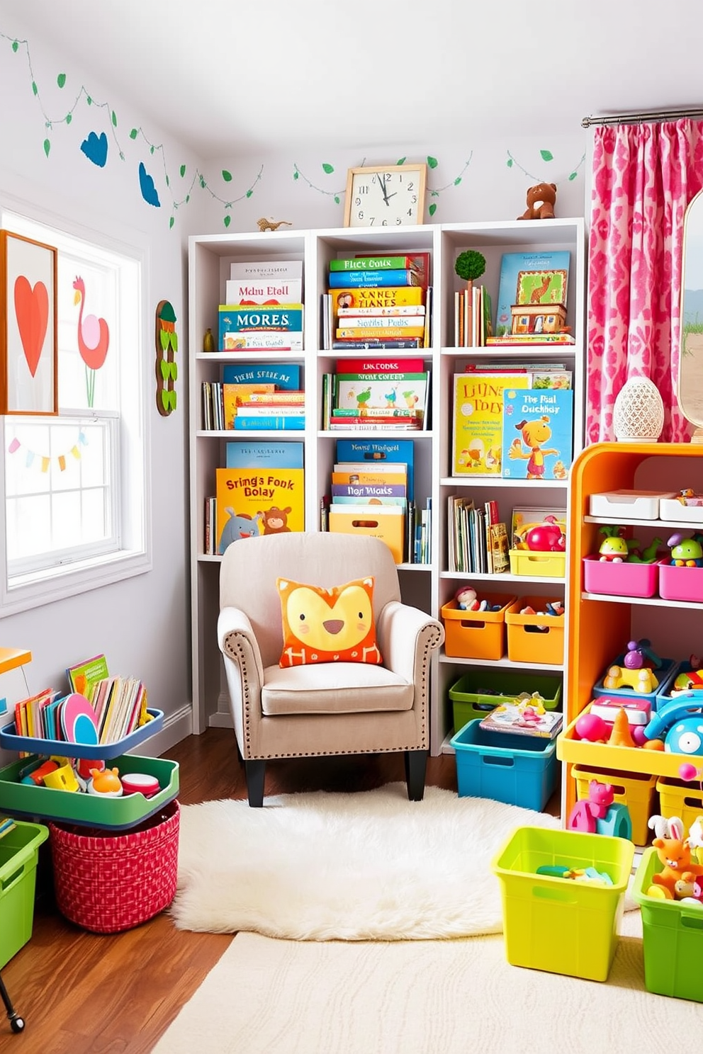 A charming story nook designed for a cozy reading corner. A plush armchair is nestled beside a tall bookshelf filled with colorful children's books, and a soft rug lays beneath for added comfort. Bright and playful decor elements create a vibrant spring playroom. Colorful wall art and playful patterns adorn the walls, while a variety of toys are neatly organized in cheerful bins around the space.