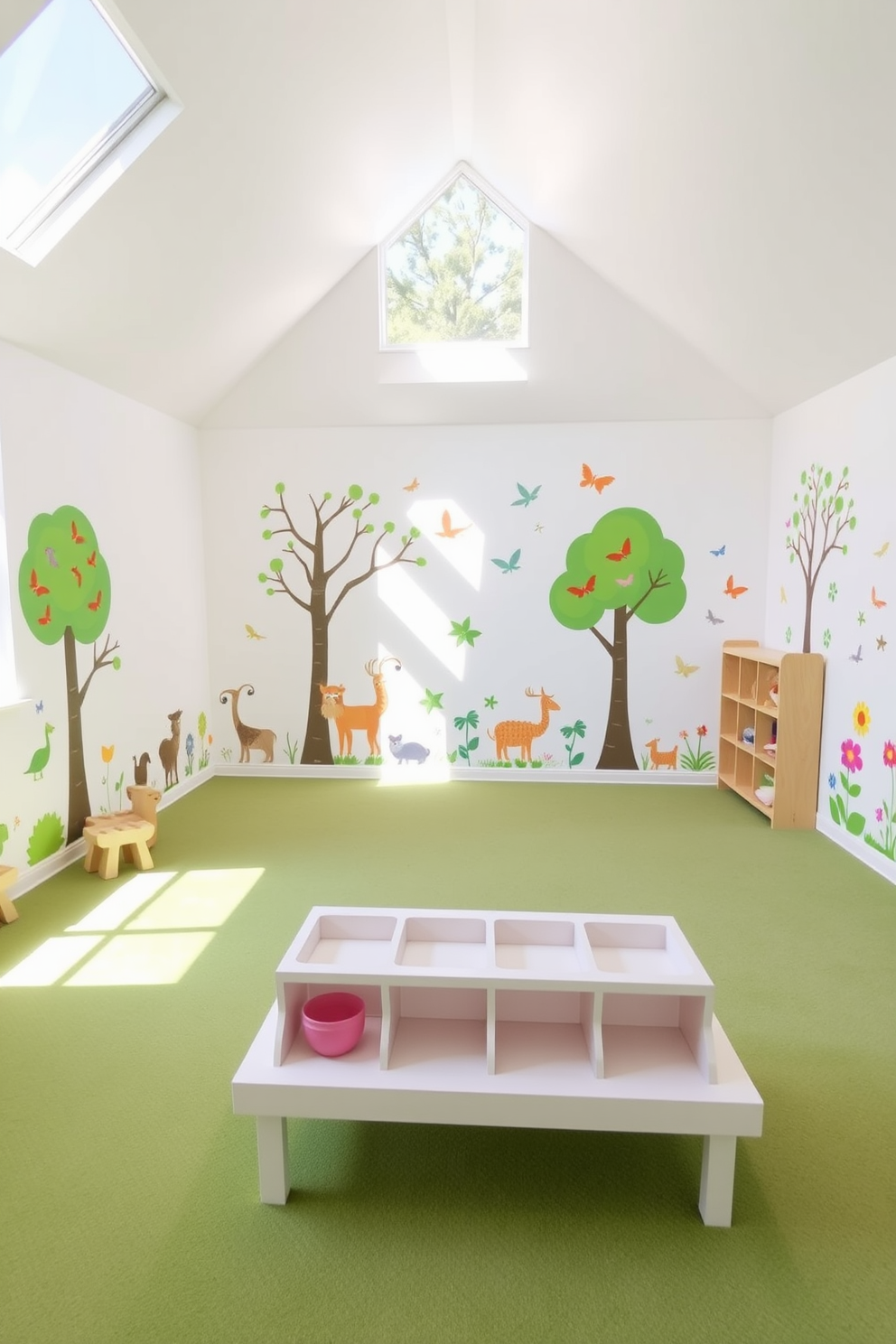 A whimsical playroom filled with nature-themed wall decals featuring colorful birds, butterflies, and flowers. The walls are painted in a soft pastel color, creating a cheerful and inviting atmosphere for children to explore their creativity. In one corner, a cozy reading nook is adorned with plush cushions and a small bookshelf filled with storybooks. Brightly colored rugs cover the floor, providing a playful and comfortable space for play and imagination.