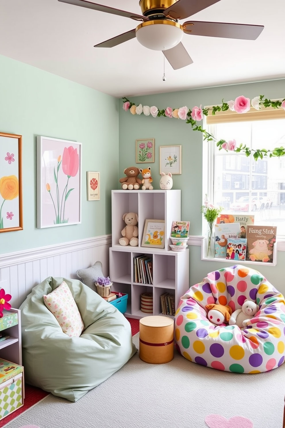 A bright and cheerful playroom filled with colorful decor that reflects the essence of spring. The walls are adorned with pastel-colored artwork, and playful patterns are featured on the soft furnishings. A whimsical area with a cozy reading nook, complete with a vibrant bean bag chair and a small bookshelf filled with spring-themed stories. Decorative elements like floral garlands and stuffed animals bring a sense of joy and warmth to the space.