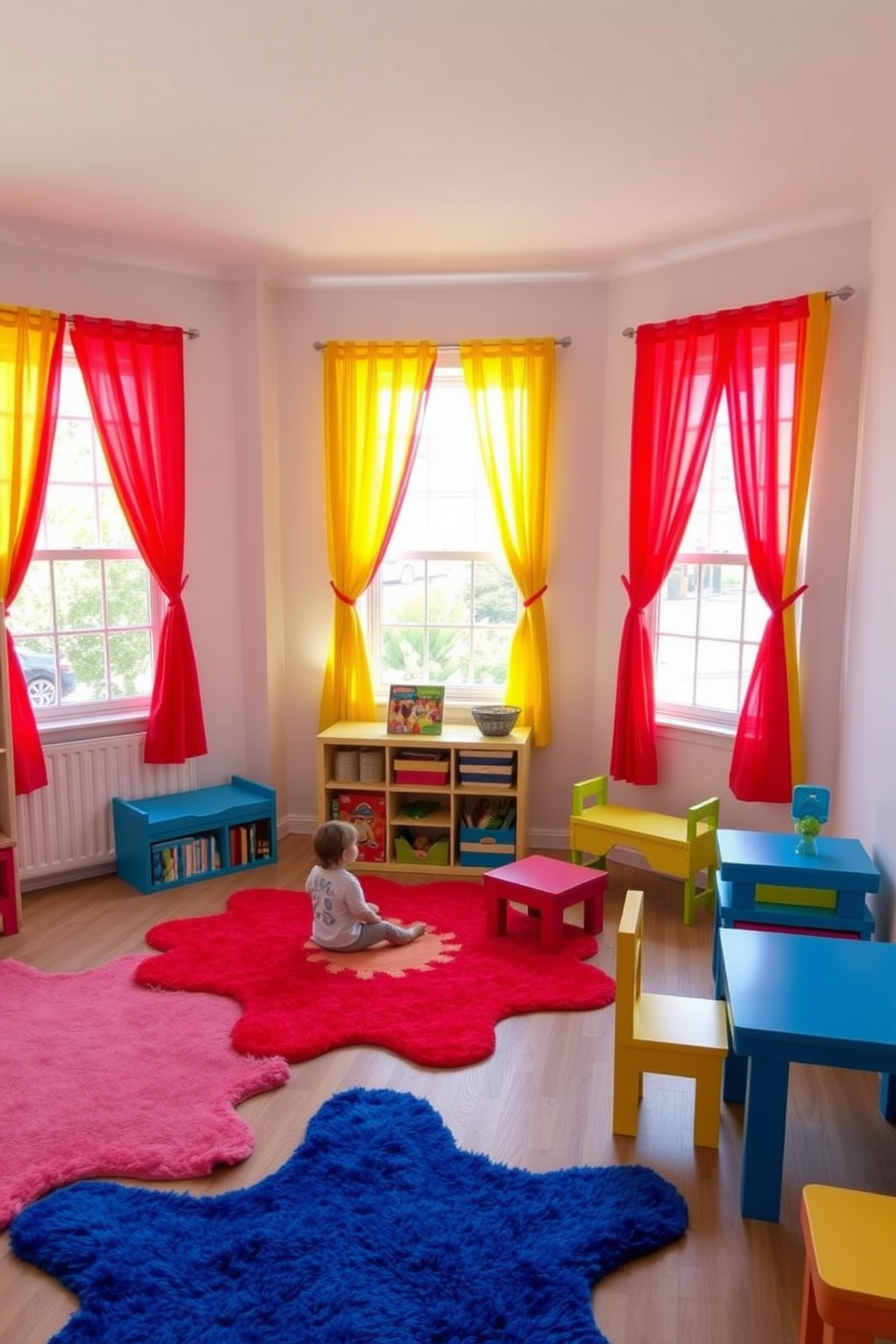 Brightly colored curtains frame the windows, creating a cheerful atmosphere in the playroom. The playful hues of red, yellow, and blue add a burst of energy to the space, complementing the vibrant decor. Soft, plush rugs in fun shapes cover the floor, providing a cozy area for children to play. Brightly painted furniture in various sizes encourages creativity and interaction among kids.