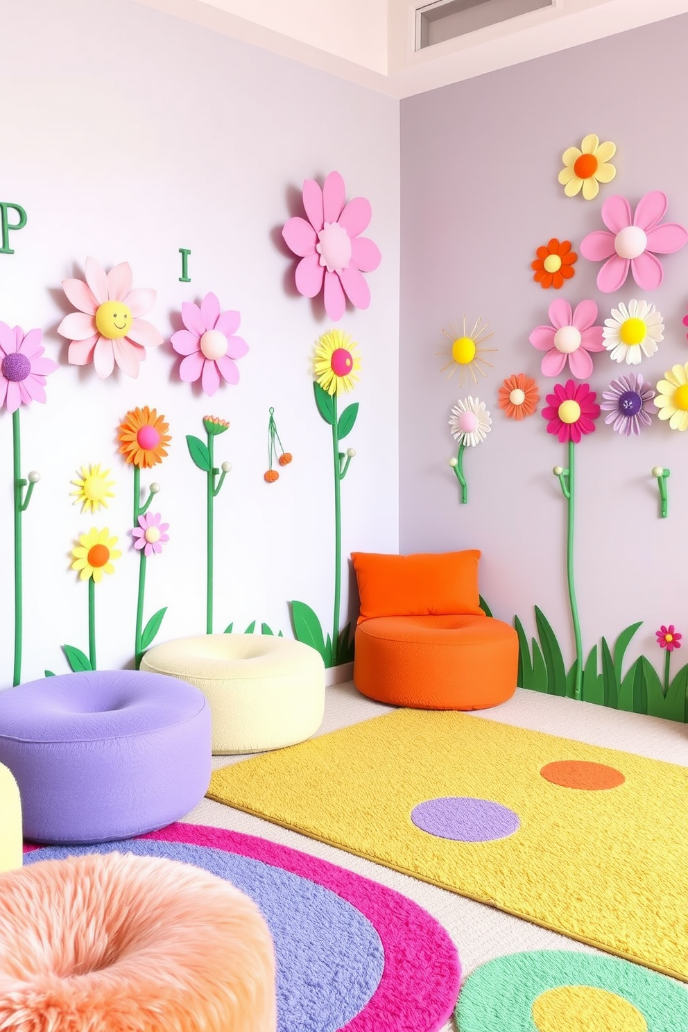 A vibrant and playful spring playroom features flower-shaped wall hooks in various pastel colors arranged artfully on the walls. The space is filled with soft, plush seating and colorful rugs, creating an inviting atmosphere for children to play and explore.