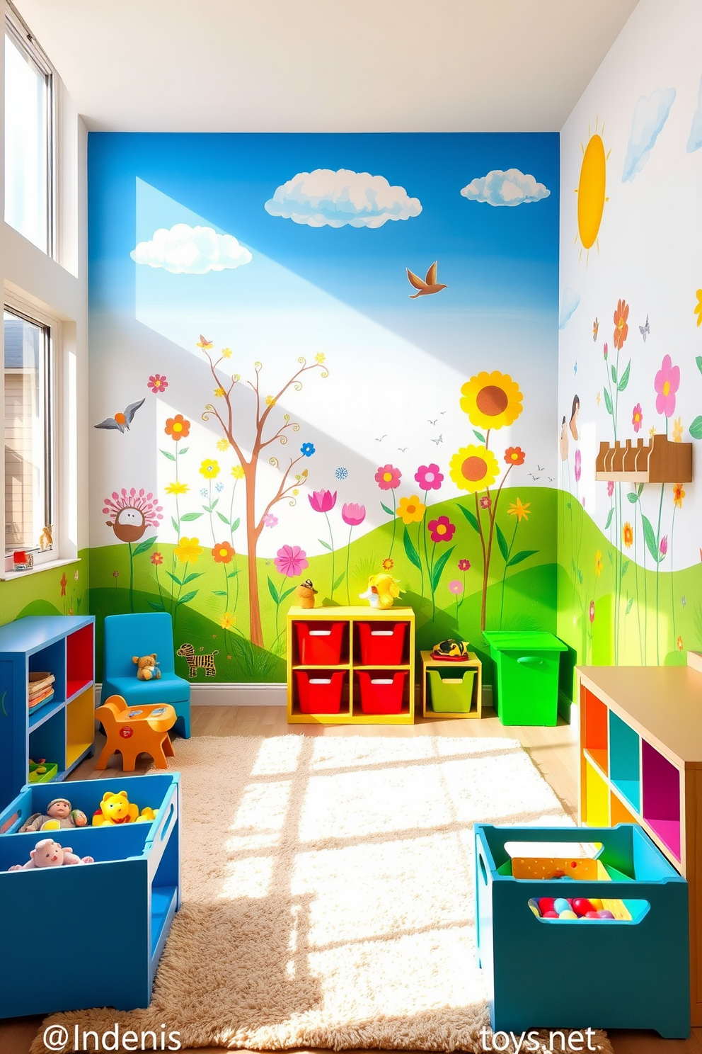 A sensory play area filled with textured materials designed for children to explore. The walls are painted in soft pastel colors, and various tactile surfaces such as a soft rug, textured wall panels, and sensory bins are incorporated throughout the space. Brightly colored cushions and bean bags provide comfortable seating options for playtime. Natural light floods the room through large windows, enhancing the cheerful atmosphere and inviting creativity.