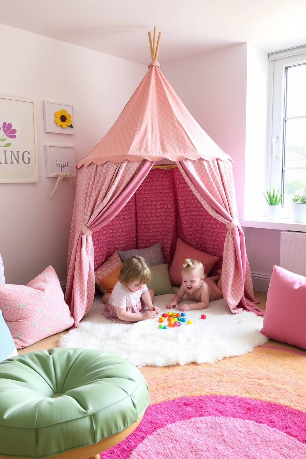 A whimsical playhouse tent is set up in a bright and airy playroom, inviting children to embark on imaginative adventures. The tent features colorful patterns and soft fabric, creating a cozy nook for storytelling and games. Surrounding the tent, the playroom is decorated with cheerful spring-themed accents, including pastel-colored cushions and playful wall art. A soft area rug in vibrant hues adds warmth to the space, making it an ideal spot for creativity and play.