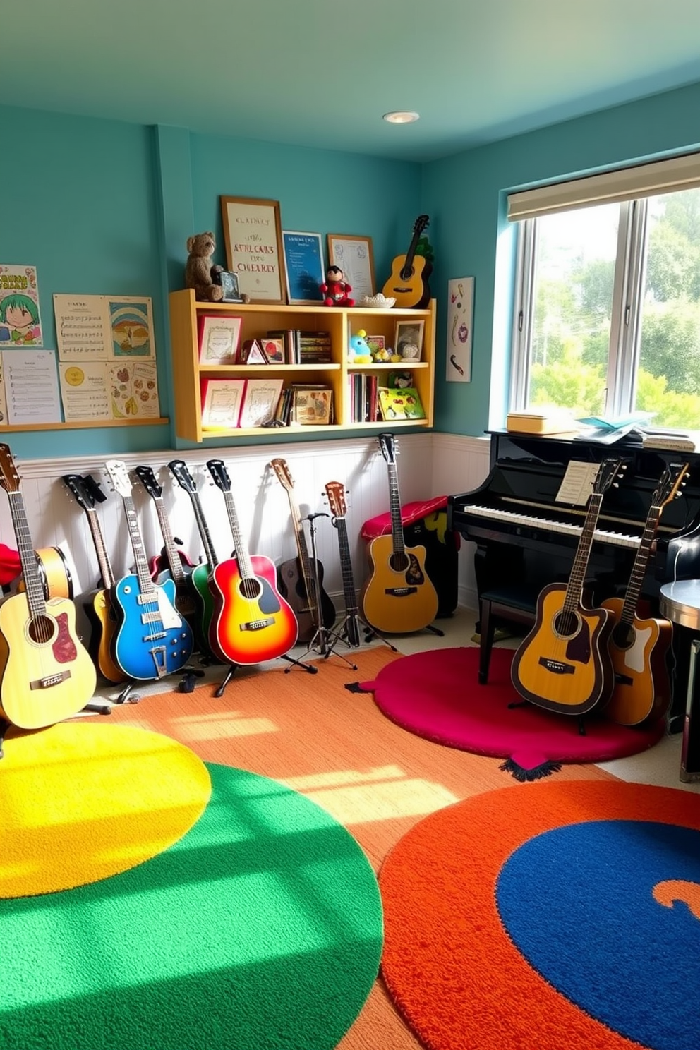 Brightly colored play mats cover the floor, providing a soft and safe space for children to play. The walls are adorned with cheerful murals depicting whimsical scenes, creating an inviting atmosphere for imaginative play. Soft seating in vibrant hues complements the play mats, while shelves filled with colorful toys and books add to the playful decor. Natural light floods the room through large windows, enhancing the cheerful ambiance and making it a perfect space for springtime fun.