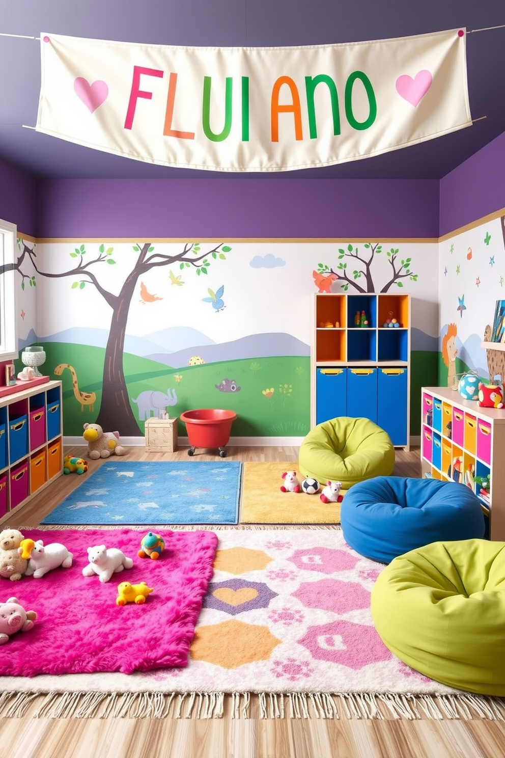 A personalized name banner hangs above a colorful play area filled with soft rugs and plush toys. The walls are adorned with cheerful murals depicting nature and playful animals, creating an inviting atmosphere for children. Incorporate vibrant storage solutions like bins and shelves to keep toys organized. A cozy reading nook with bean bags and a small bookshelf adds a touch of comfort and encourages a love for reading.