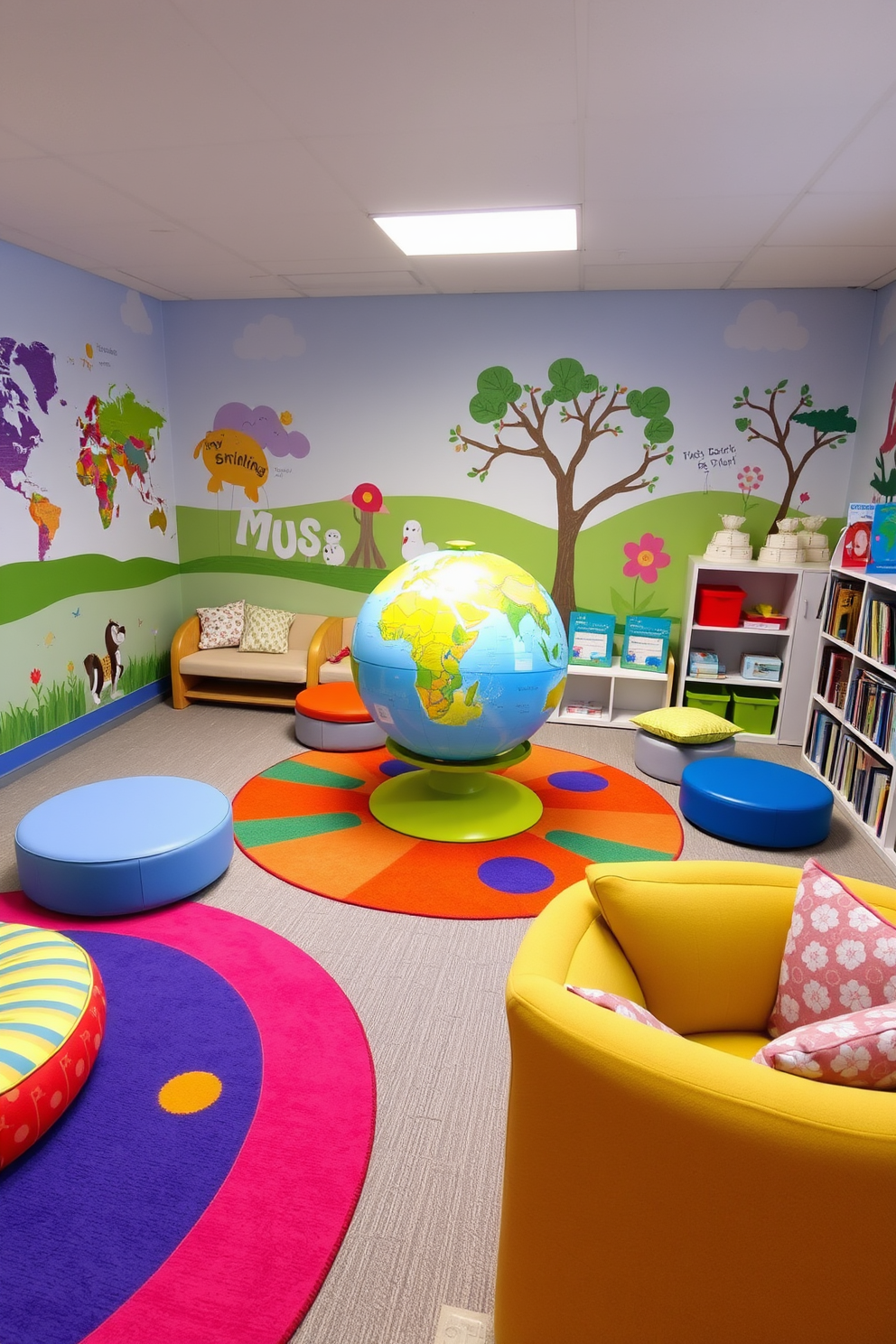 An interactive globe is positioned at the center of a vibrant playroom, surrounded by colorful rugs and soft seating. The walls are adorned with playful murals depicting various countries and cultures, creating an engaging learning environment. Spring-themed decorations bring a fresh and lively atmosphere to the playroom, with pastel colors and floral accents. A cozy reading nook features cushions and bookshelves filled with educational materials, inviting children to explore and learn.