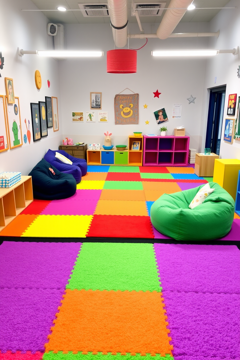 A cozy puzzle corner designed for quiet playtime featuring a soft area rug in pastel colors. Surrounding the rug are low shelves filled with an assortment of puzzles and games for children to enjoy. The walls are painted in a cheerful light yellow hue, complemented by playful wall decals of animals and nature. A small table with two chairs sits in the corner, providing a dedicated space for children to work on their puzzles comfortably.