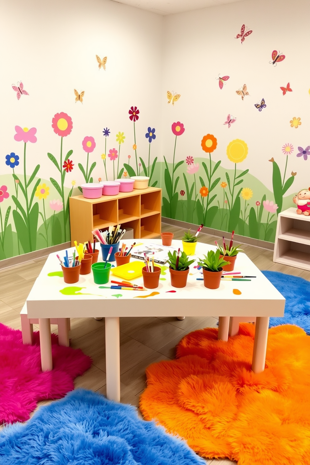 A vibrant playroom filled with natural light. The walls are painted in a soft sky blue, and large windows open to a lush garden view, allowing fresh air to flow in. Colorful bean bags and plush rugs create a cozy atmosphere. Wall-mounted shelves display an array of toys and books, inviting creativity and playfulness.