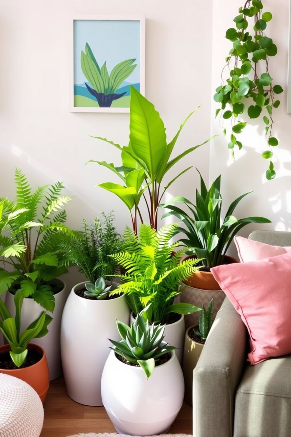 Indoor garden corner with potted plants. The space features a variety of vibrant greenery, including ferns and succulents, arranged in stylish ceramic pots. Spring playroom decorating ideas. The room is filled with pastel colors, playful wall art, and soft, comfortable seating, creating a cheerful and inviting atmosphere for children.