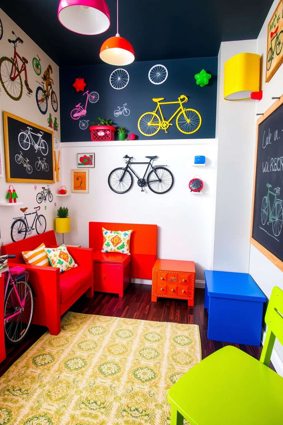 A vibrant playroom filled with bicycle-themed decor that inspires adventure and creativity. The walls are adorned with playful bicycle art and colorful bike accessories, creating an energetic atmosphere. Brightly colored furniture, including a cozy reading nook with bicycle-shaped cushions, invites children to explore and play. A chalkboard wall allows for endless creativity, while a patterned rug adds warmth and comfort to the space.