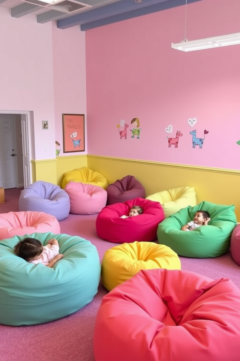 Colorful bean bags in various shapes and sizes are scattered throughout a bright and cheerful playroom. The walls are painted in soft pastel colors, and playful artwork adorns the space, creating an inviting atmosphere for children to relax and play.