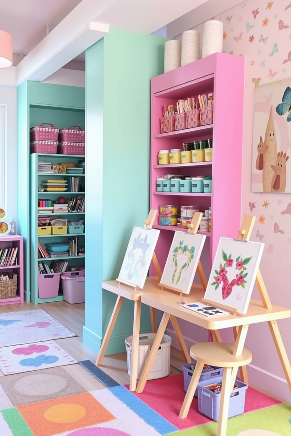 Creative art station with easels. The space is filled with vibrant colors, featuring multiple easels set up for painting, surrounded by shelves stocked with art supplies. Spring playroom decorating ideas. The room is adorned with cheerful pastel tones, incorporating playful patterns and textures, creating an inviting atmosphere for children to explore their creativity.