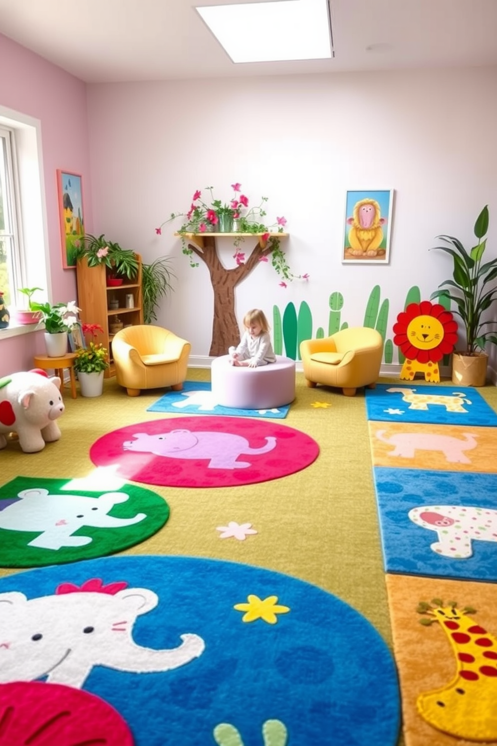 A vibrant play area filled with fun animal-themed rugs featuring colorful designs of elephants, lions, and giraffes. The walls are painted in soft pastel colors, and playful artwork adorns the space, creating an inviting atmosphere for children to explore and enjoy. Spring decorating ideas include adding bright floral accents and cheerful greenery to enhance the playful vibe. The room is filled with natural light, and cozy seating areas are scattered throughout for kids to relax and engage in imaginative play.