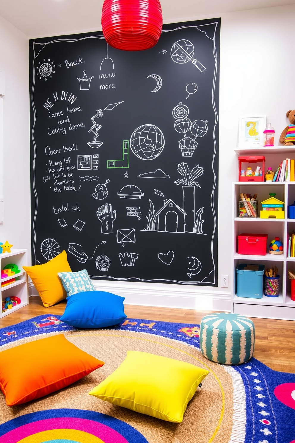 A whimsical playroom filled with vibrant colors and playful furniture. The walls are adorned with cheerful murals, and soft rugs provide a cozy area for play. Hanging fairy lights twinkle above, creating a magical ambiance that invites creativity. Plush cushions and bean bags are scattered throughout, offering comfortable seating for children to relax and enjoy their space.