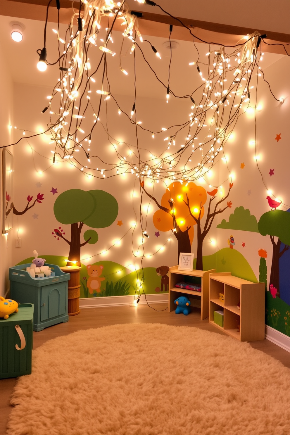 A playful playroom filled with whimsical fairy lights creating a soft and inviting ambiance. The walls are adorned with colorful murals of cartoon characters and nature scenes, while a plush rug covers the floor for comfort.