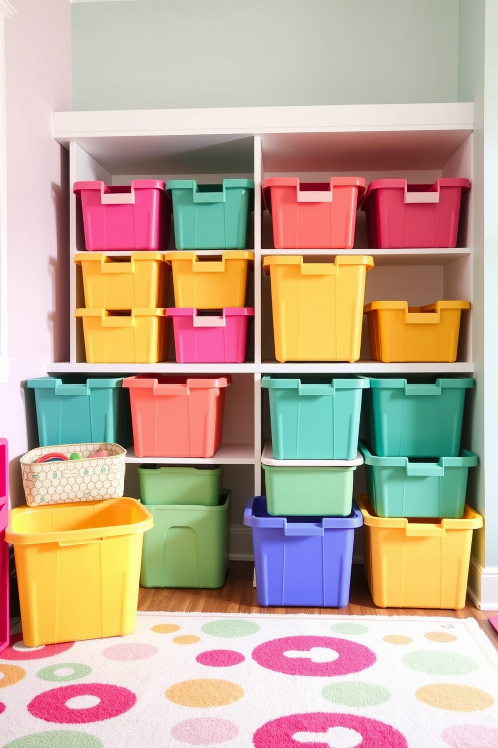 Playful storage bins in vibrant colors are arranged neatly in a cheerful spring playroom. The walls are painted in soft pastels, and the floor is covered with a playful patterned rug that complements the bright bins.