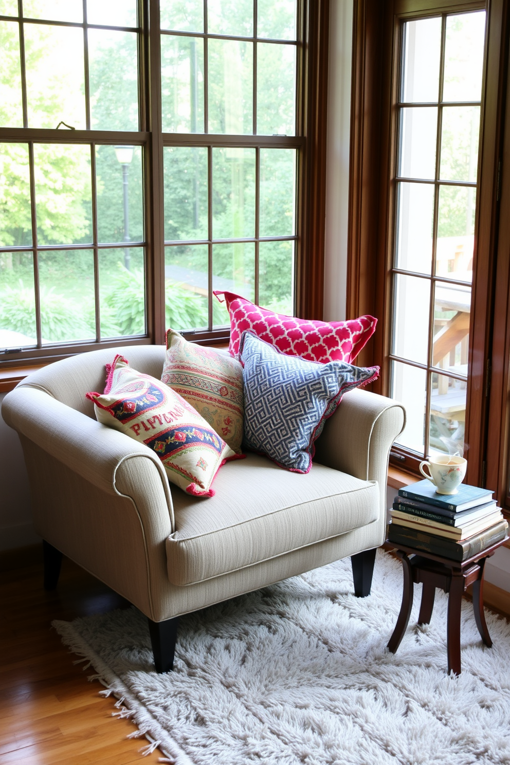 A cozy armchair is positioned by a large window, allowing natural light to flood the space. The chair is adorned with colorful throw pillows in various patterns, creating an inviting atmosphere for relaxation. Next to the armchair, a small side table holds a stack of books and a steaming cup of tea. A soft area rug lies beneath, adding warmth and texture to the reading nook.