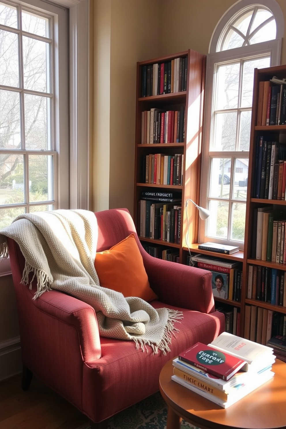 A cozy reading nook filled with natural light. A warm blanket is casually draped over a comfortable armchair positioned next to a tall bookshelf. Brightly colored cushions add a pop of color to the space. A small side table holds a steaming cup of tea and a stack of books waiting to be read.