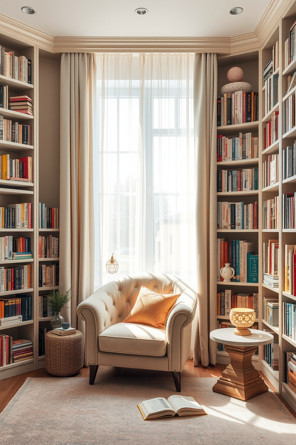 A cozy reading corner designed for relaxation. It features a plush armchair in soft pastel colors, surrounded by tall bookshelves filled with a variety of books and decorative items. Natural light floods the space through a large window adorned with light, airy curtains. A small side table holds a steaming cup of tea and a decorative lamp, creating an inviting atmosphere for spring reading.