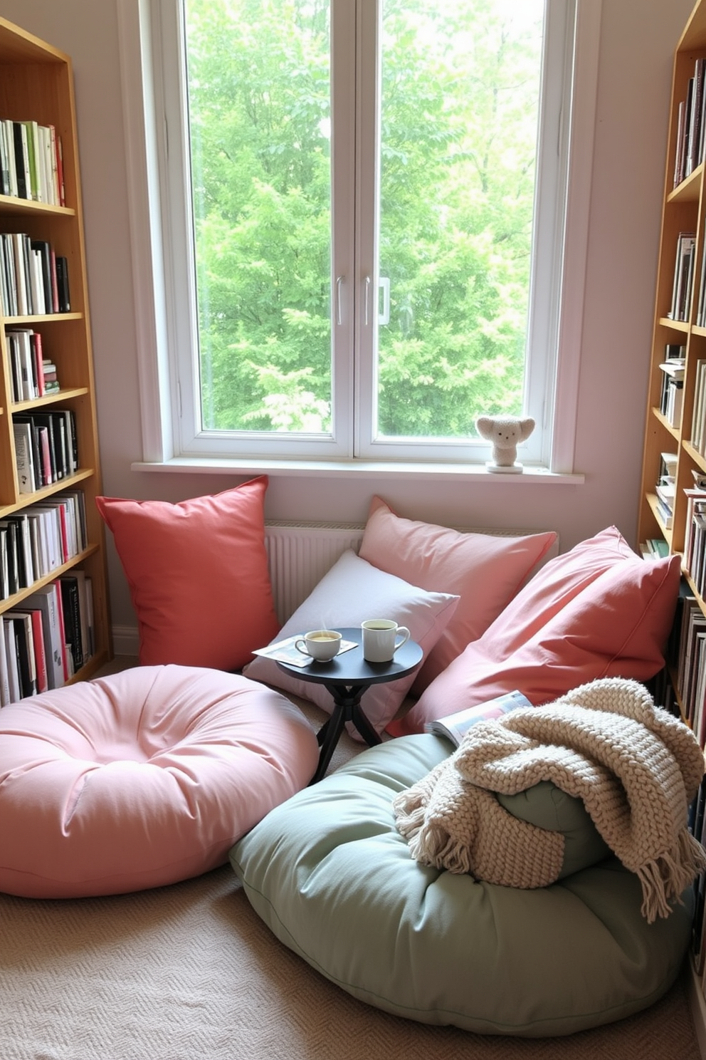 A cozy reading nook featuring soft, oversized floor cushions in various pastel colors. The nook is surrounded by tall bookshelves filled with books and a large window allowing natural light to flood the space. In the corner, a small side table holds a steaming cup of tea and a stack of magazines. A plush throw blanket is casually draped over one of the cushions, inviting relaxation and comfort.