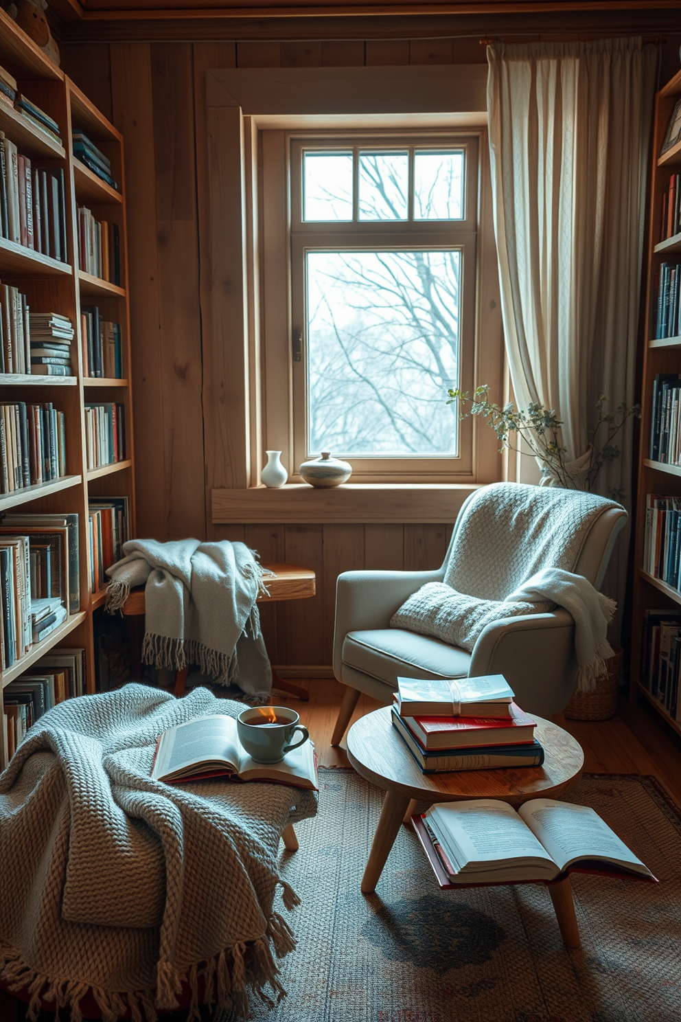 A cozy reading nook filled with natural wood accents that create a warm and inviting atmosphere. A comfortable armchair is positioned near a large window, surrounded by shelves of books and soft, textured throws. The space features a small wooden side table holding a steaming cup of tea and a stack of favorite novels. Soft, ambient lighting enhances the serene vibe, making it the perfect spot to enjoy a spring afternoon with a good book.