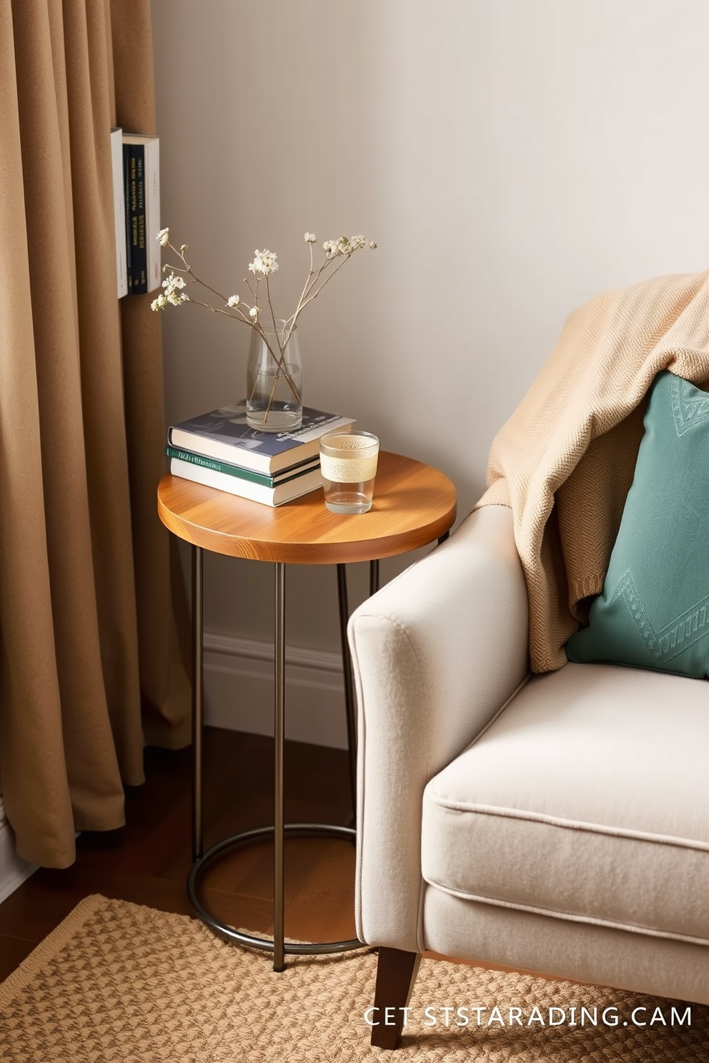 A cozy reading nook featuring a small side table designed for drinks. The side table is round with a wooden top and slender metal legs, positioned next to a plush armchair upholstered in soft fabric. The nook is adorned with a stack of books and a delicate plant on the table. A warm throw blanket is draped over the armchair, inviting relaxation and comfort.