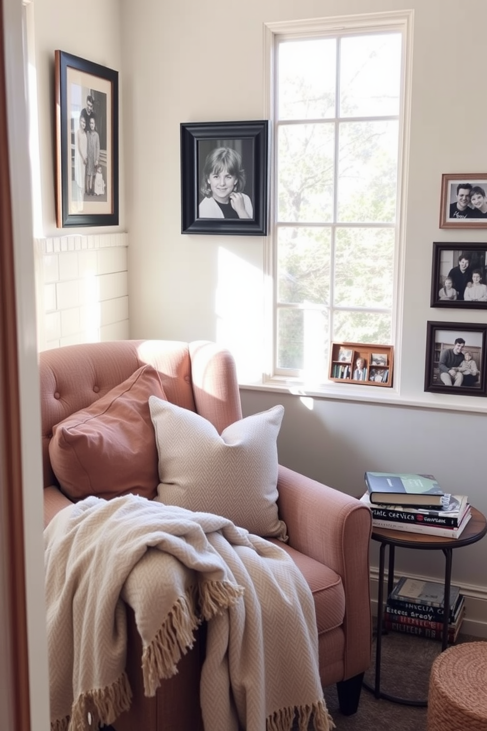 A cozy reading nook filled with natural light. There are plush cushions scattered on a comfortable armchair next to a small side table stacked with books. Framed photos of cherished memories adorn the walls, adding a personal touch to the space. A soft throw blanket drapes over the armchair, inviting you to settle in with a good book.