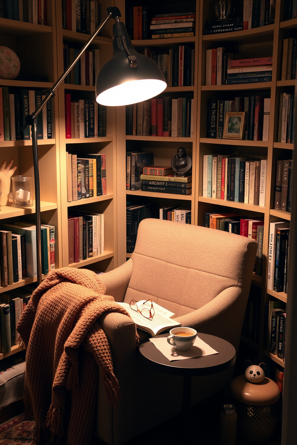 A cozy reading nook featuring a comfortable armchair with soft upholstery and a plush throw blanket draped over the side. The space is illuminated by a stylish reading light with an adjustable arm, allowing for perfect lighting while enjoying a good book. Surrounding the nook are shelves filled with an array of books and decorative items, creating an inviting atmosphere. A small side table holds a steaming cup of tea and a pair of reading glasses, enhancing the serene ambiance of the space.