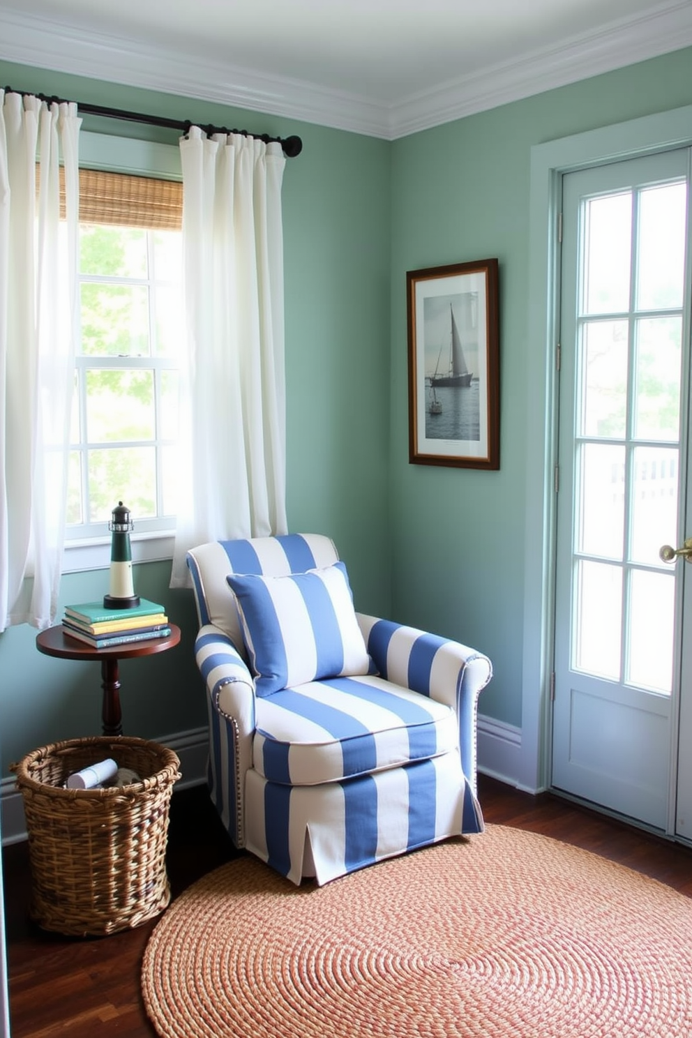 A cozy reading nook inspired by a nautical theme. The space features a comfortable blue and white striped armchair positioned near a large window with sheer white curtains. A small wooden side table holds a stack of books and a decorative lighthouse figurine. The walls are painted in a soft seafoam green, complemented by nautical-themed artwork and a woven jute rug on the floor.