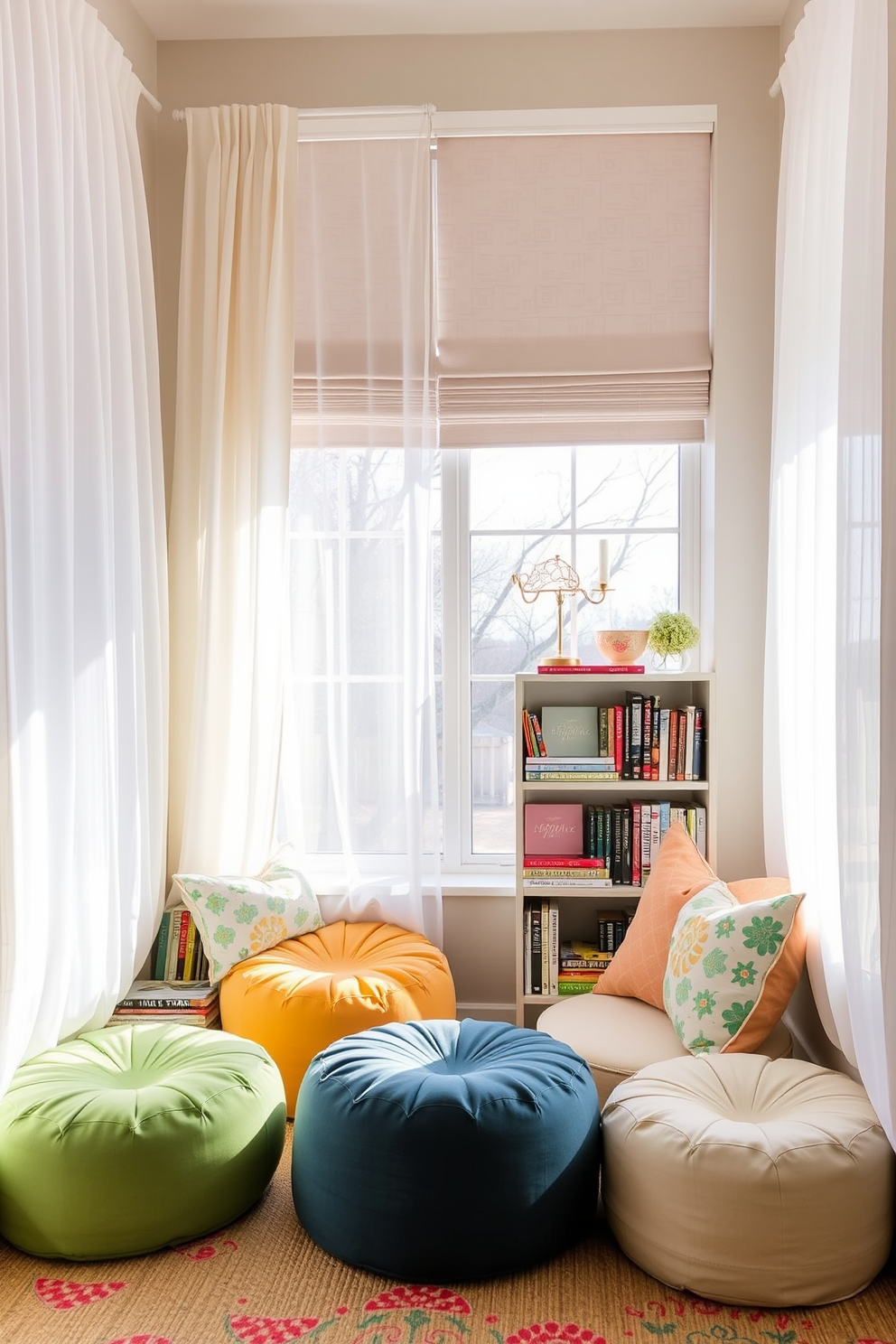 Create a cozy reading nook filled with colorful poufs that provide additional seating options. The nook features a large window with sheer curtains allowing natural light to flood the space, complemented by a small bookshelf filled with spring-themed books and decorative items.