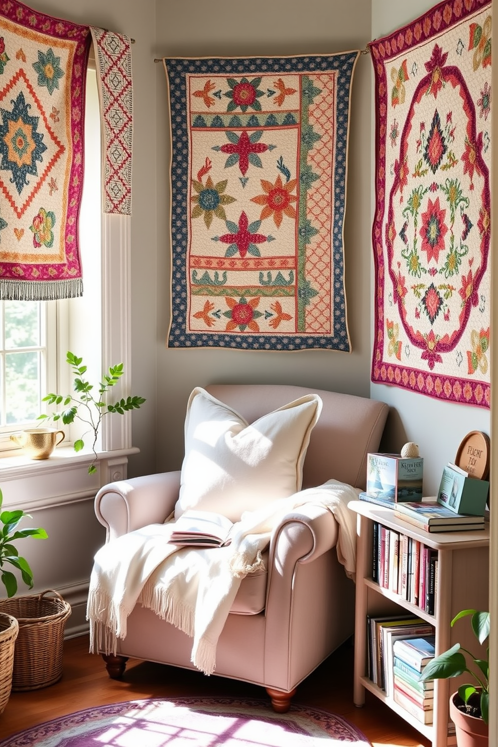 A cozy reading nook adorned with quilted wall hangings that add a touch of softness and warmth to the space. A plush armchair is positioned next to a small side table, inviting you to curl up with a good book surrounded by natural light. Bright spring colors infuse the space, with pastel cushions and a light throw blanket draped over the armchair. A small bookshelf filled with favorite reads and a potted plant nearby complete the inviting atmosphere.