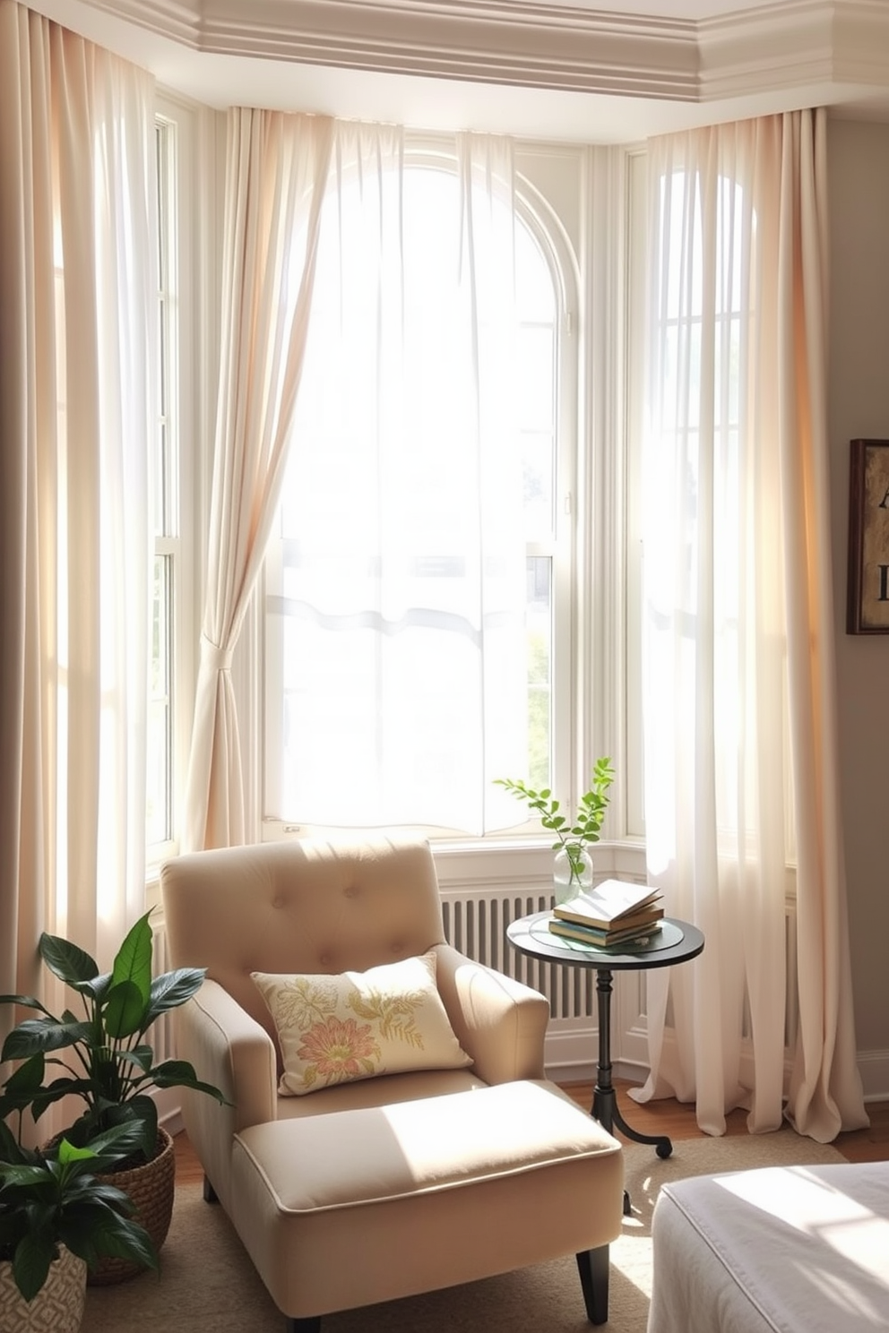 A cozy reading nook bathed in natural light from large windows. Soft pastel curtains frame the windows, allowing gentle sunlight to illuminate a plush armchair and a small side table stacked with books. A vibrant indoor plant adds a touch of greenery beside the chair. A warm, woven throw blanket drapes over the armrest, inviting relaxation and comfort.