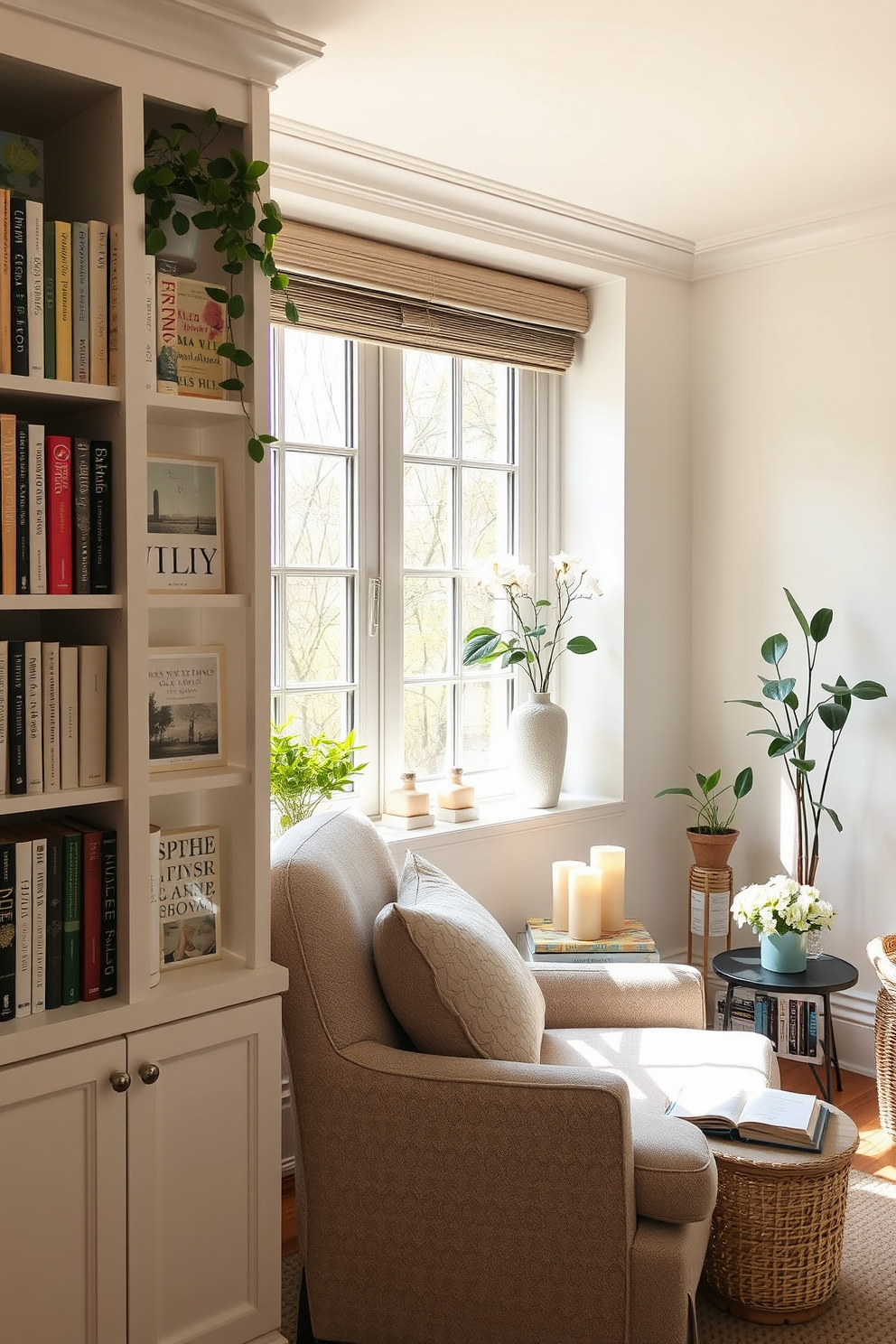 A cozy reading nook filled with natural light. A comfortable armchair upholstered in soft fabric sits next to a small side table adorned with scented candles. The walls are painted in a light pastel color to create a calming atmosphere. A bookshelf overflowing with spring-themed novels and decorative plants completes the inviting space.