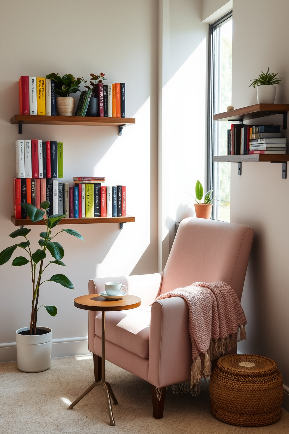 A cozy reading nook adorned with seasonal decor to celebrate spring. Soft pastel cushions and a lightweight throw blanket are draped over a comfortable armchair positioned by a large window, allowing natural light to fill the space. Delicate floral arrangements in vibrant colors are placed on a small side table next to the chair. A stack of books and a steaming cup of tea complete the inviting atmosphere, perfect for enjoying leisurely reading during the spring season.