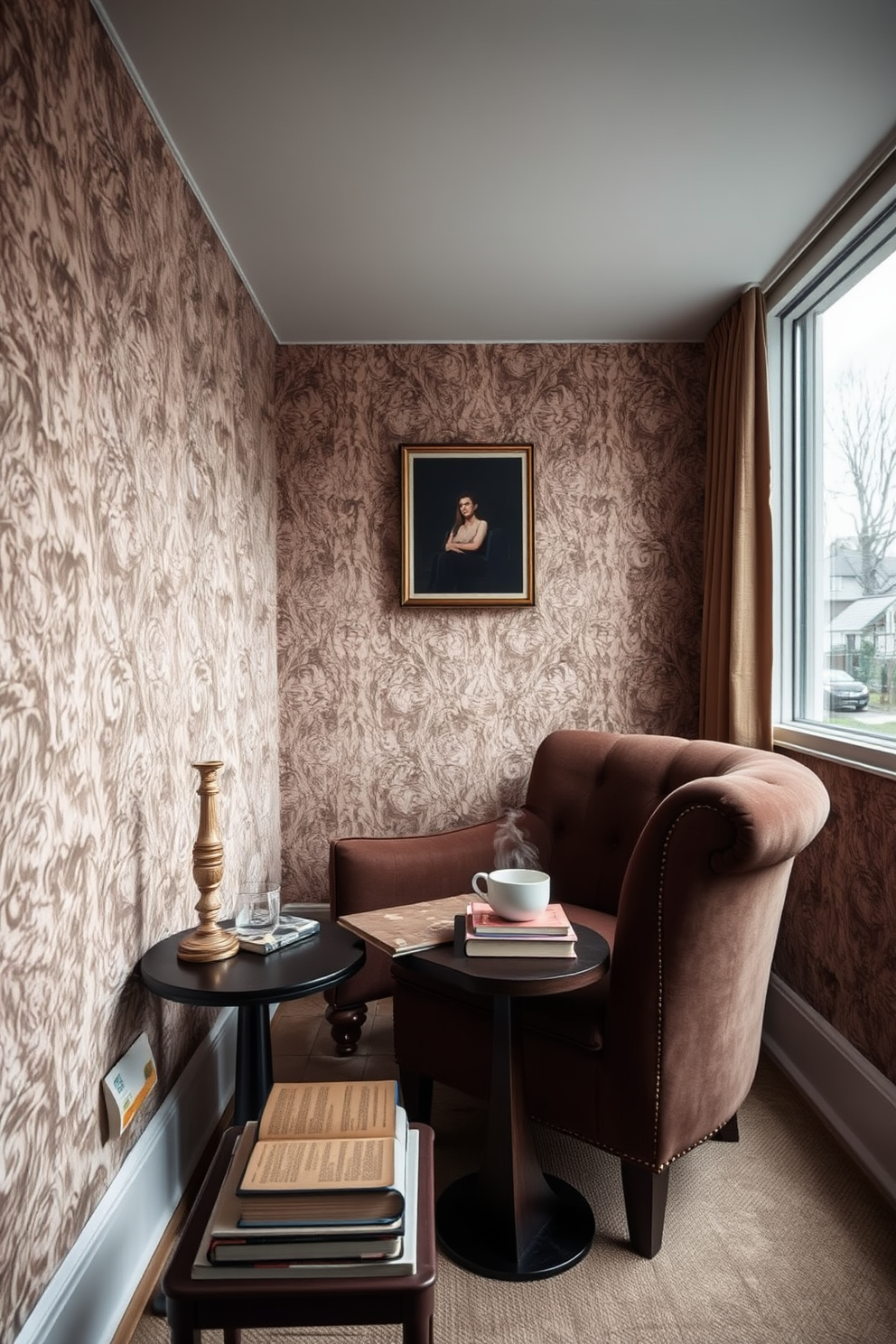 A cozy reading nook adorned with textured wallpaper that adds depth and interest to the space. A plush armchair is positioned near a large window, accompanied by a small side table holding a stack of books and a steaming cup of tea.