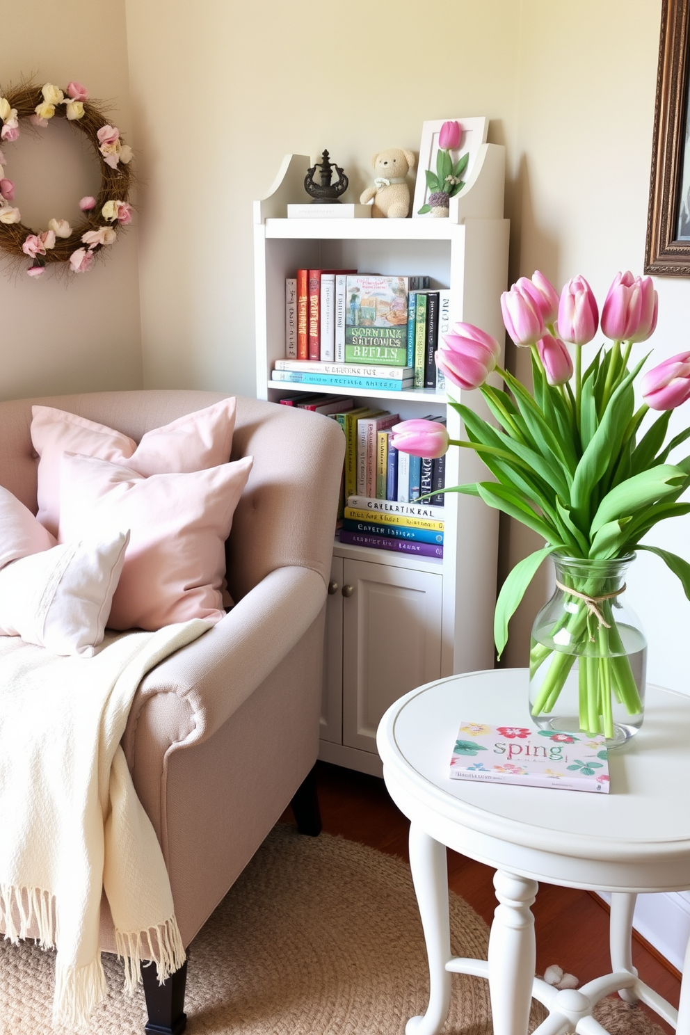 A beautifully crafted decorative globe sits on a polished wooden stand, showcasing vibrant colors and intricate details. Surrounding the globe are travel-themed books and vintage postcards, creating an inviting atmosphere for wanderlust enthusiasts. The spring reading nook features a cozy armchair upholstered in soft pastel fabric, positioned next to a large window that lets in natural light. A small side table holds a steaming cup of tea and a stack of fresh spring-themed novels, while potted plants add a touch of greenery to the space.